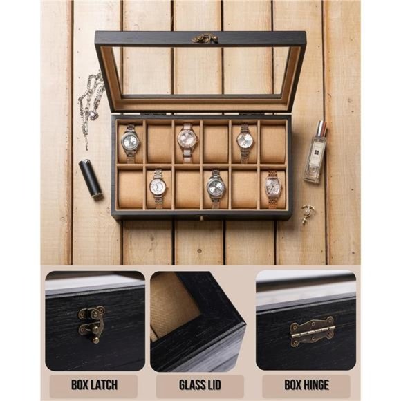 Watch Box, Watch Case for Men Women with Large Glass Lid, Wooden Watch Display - Picture 2 of 6